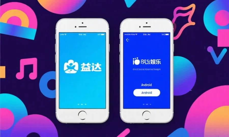 两部手机分别展示益达娱乐App在安卓和iOS界面上的启动画面，背景为抽象娱乐元素