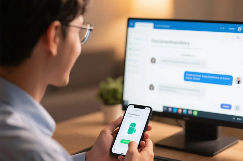 技术支持人员通过在线聊天为手机用户远程协助解决应用安装问题，画面温馨专业